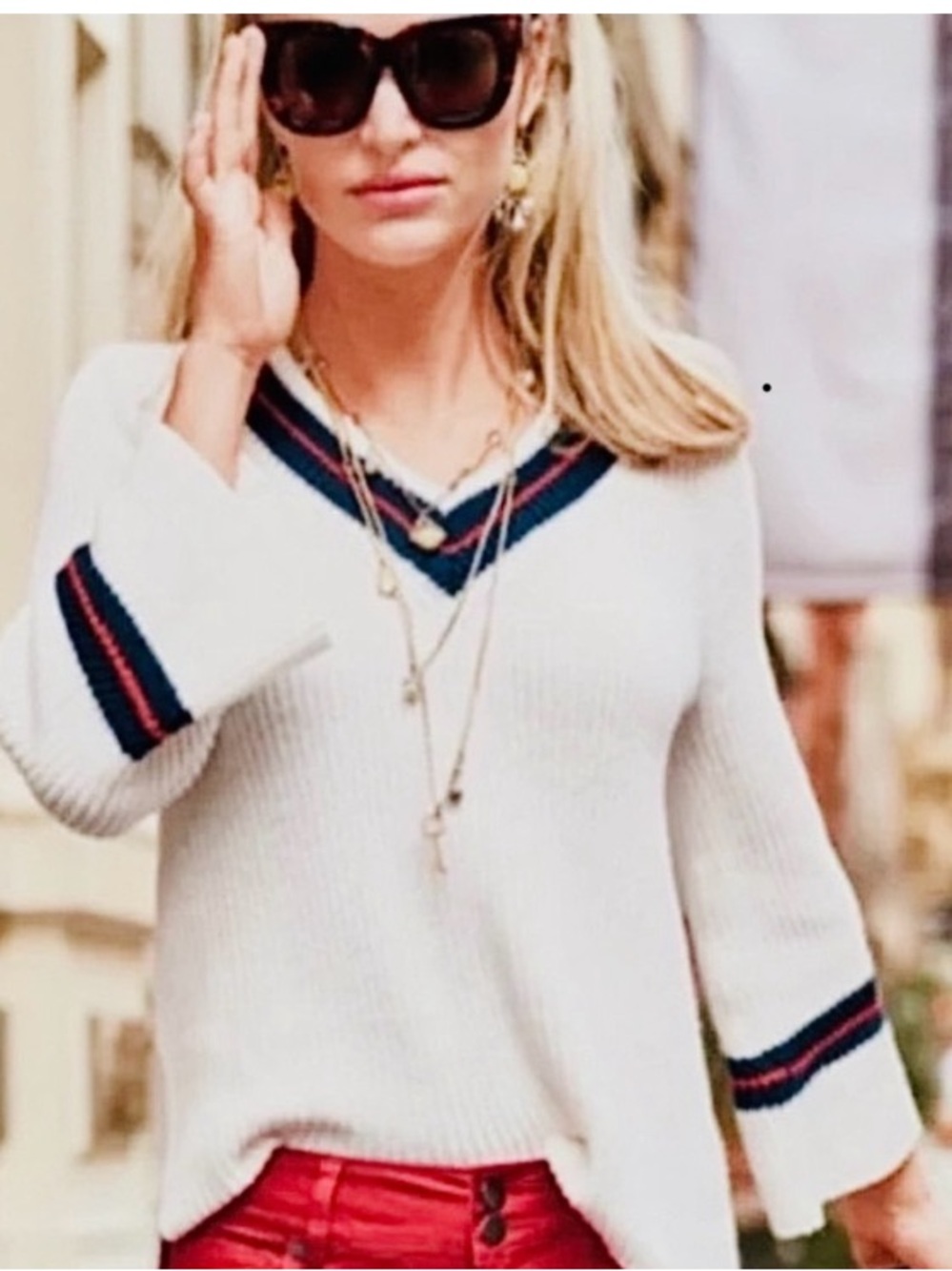 CAbi Cream V-Neck Sweater with Navy and Red Stripes